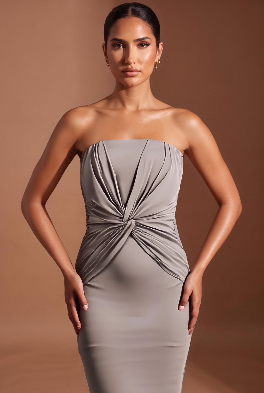 Taupe twist front strapless maxi dress, bodice detail