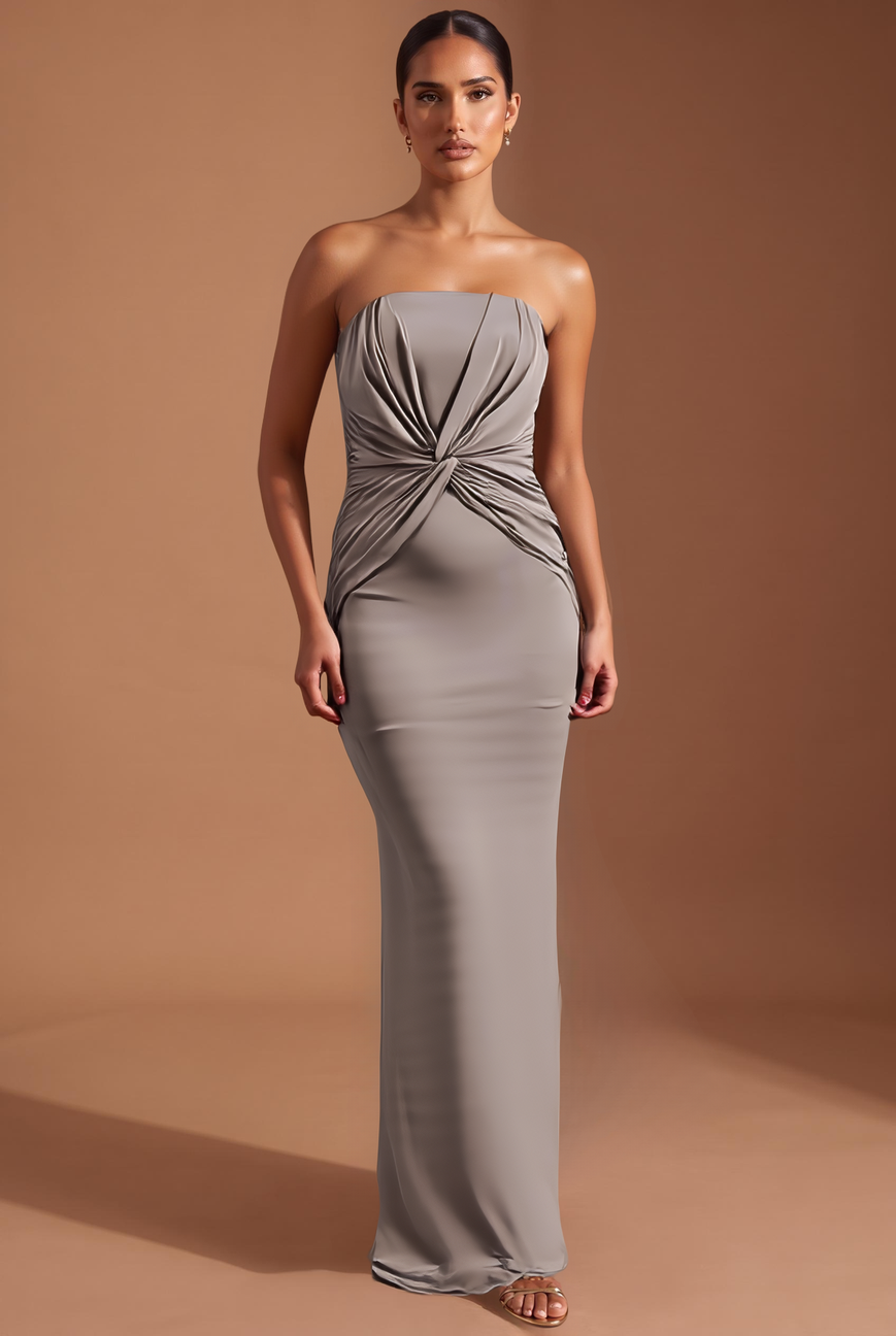 Taupe twist front strapless maxi dress, full length