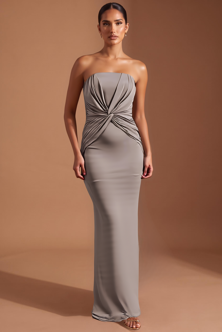 Taupe twist front strapless maxi dress, full length