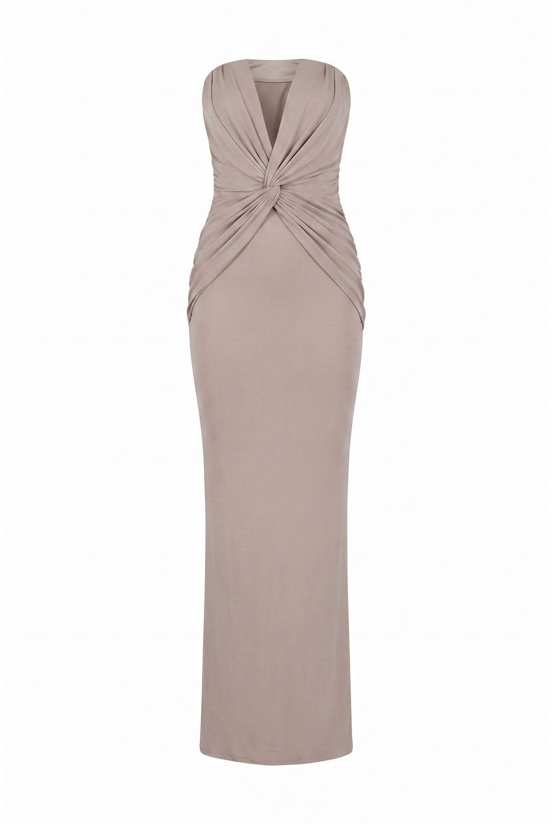 Taupe twist front strapless maxi dress, product view