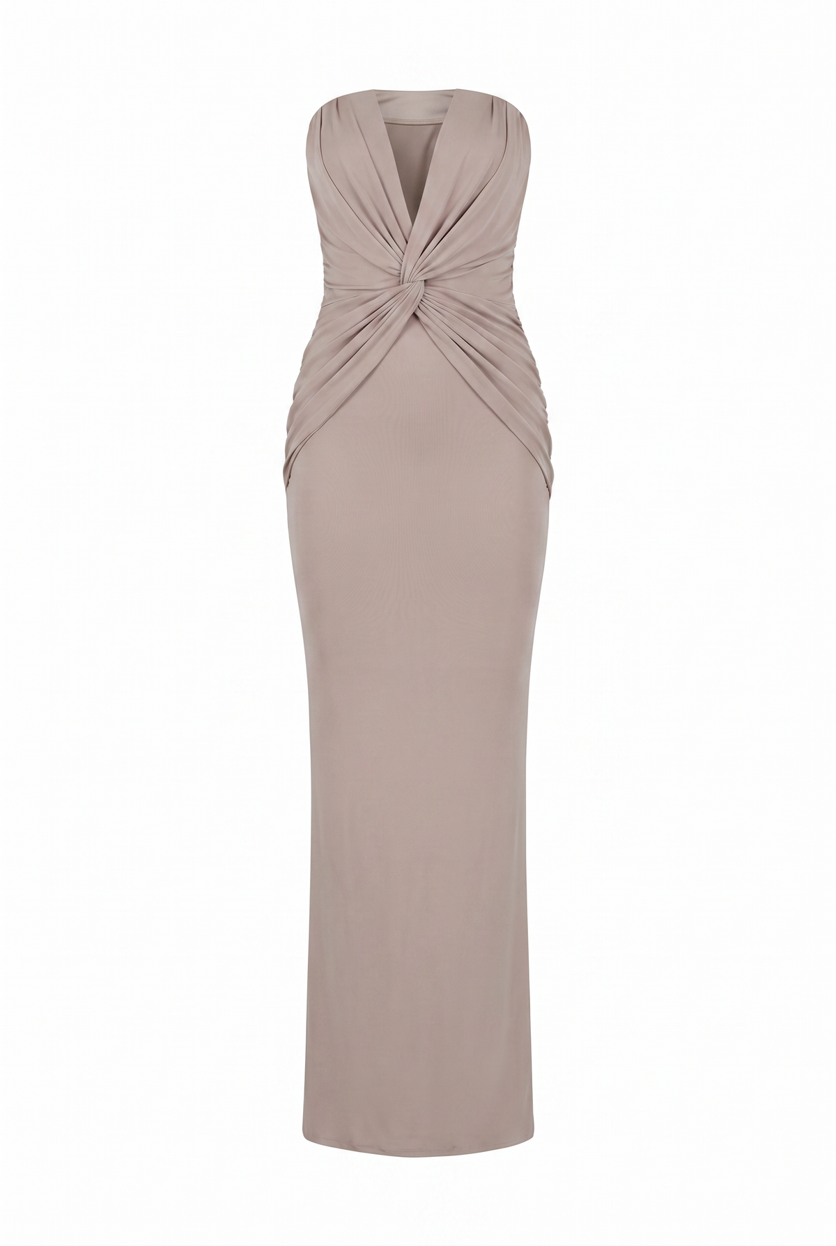 Taupe Twist Front Strapless Maxi Dress