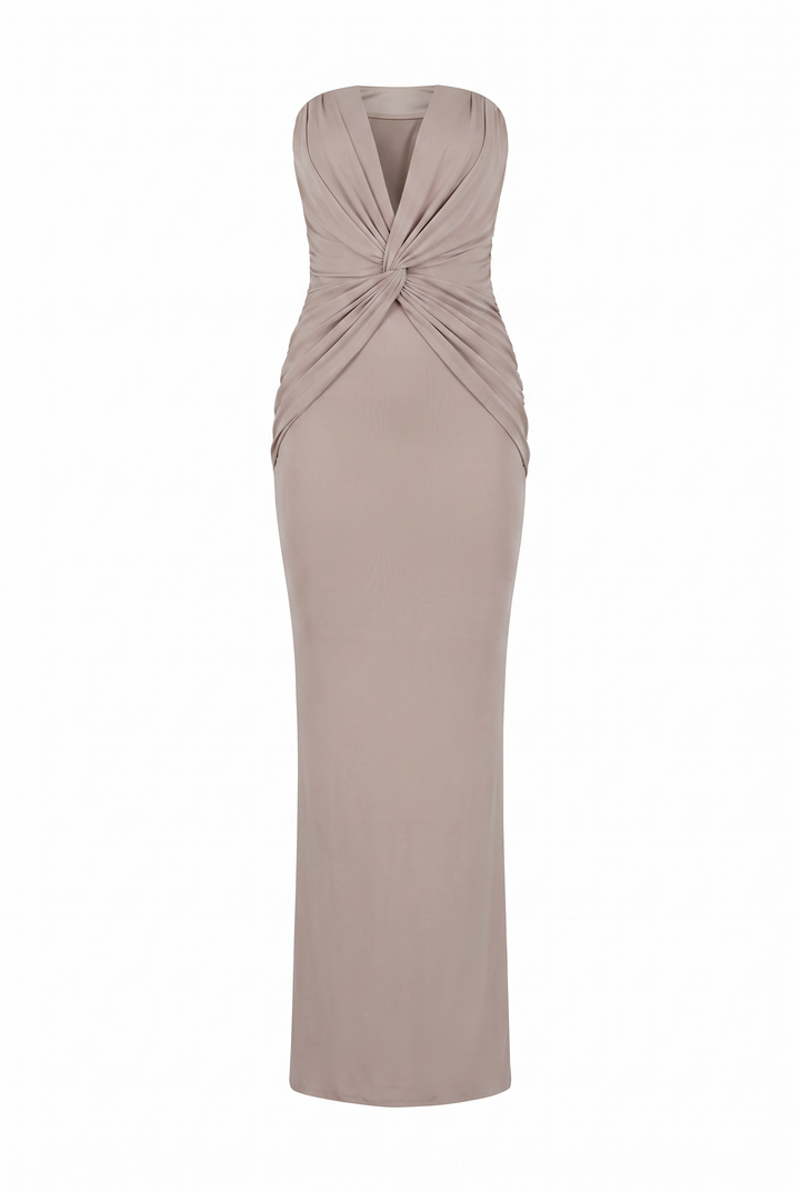 Taupe twist front strapless maxi dress, product view