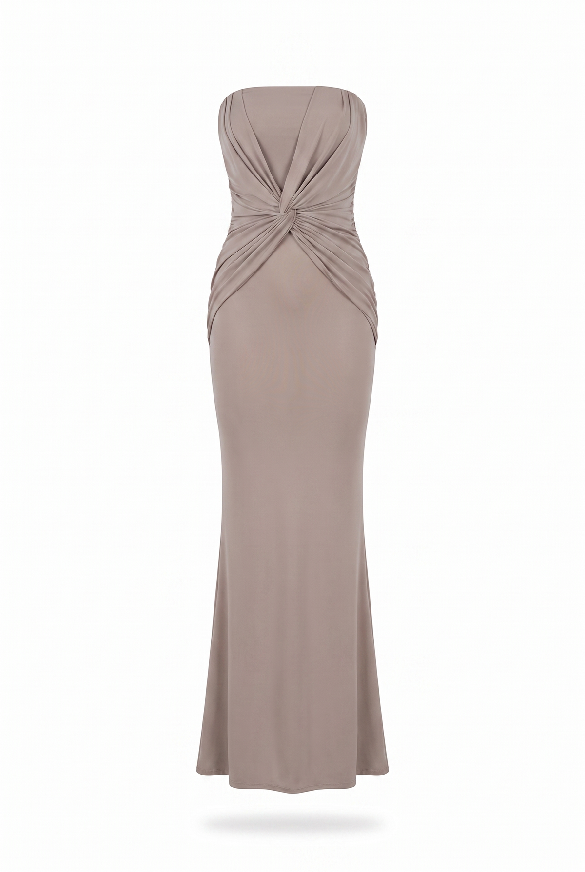 Taupe Twist Front Strapless Maxi Dress