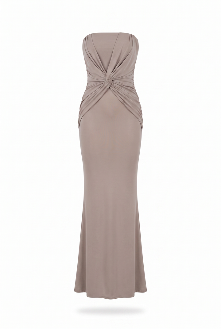 Taupe twist front strapless maxi dress, product view