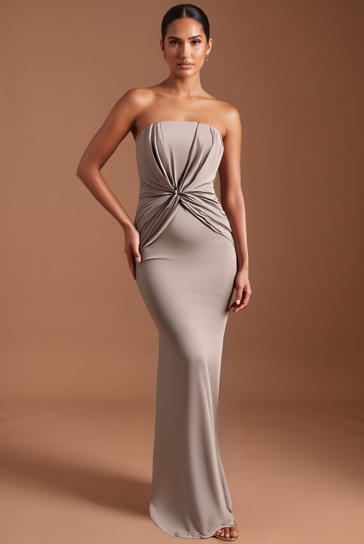 Taupe twist front strapless maxi dress, front view