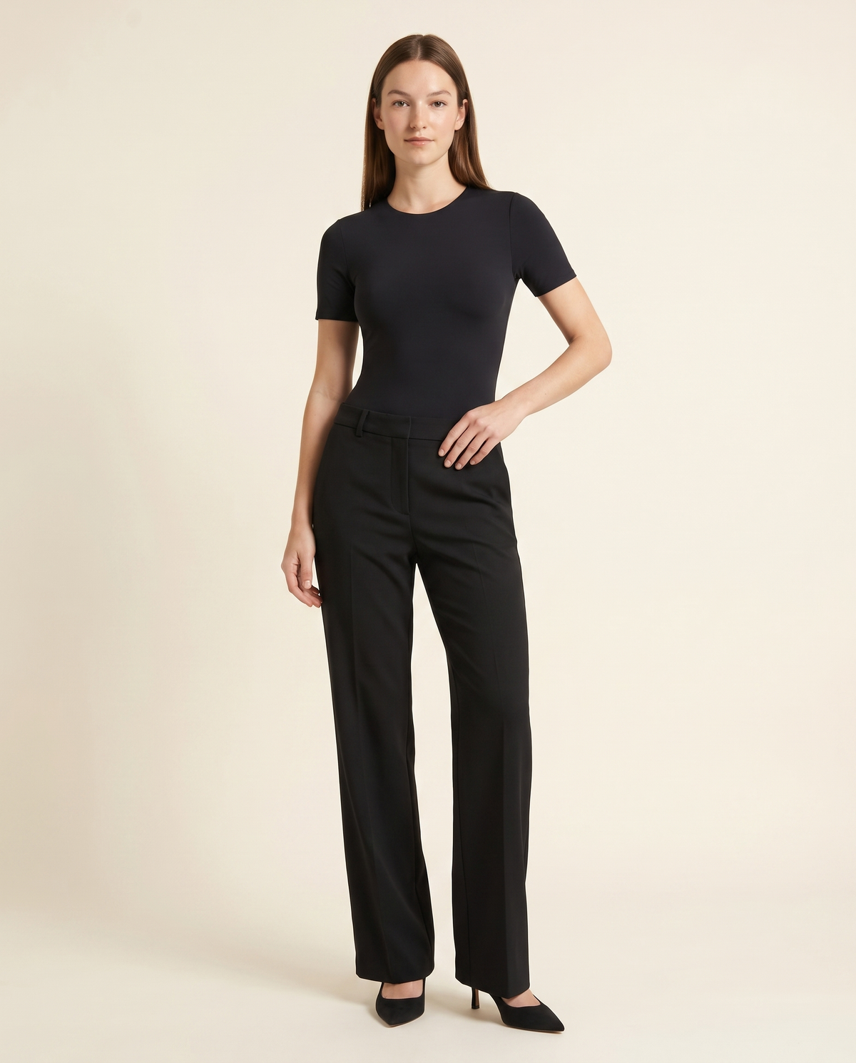 Kovelle black second skin bodysuit three quarter view, on model
