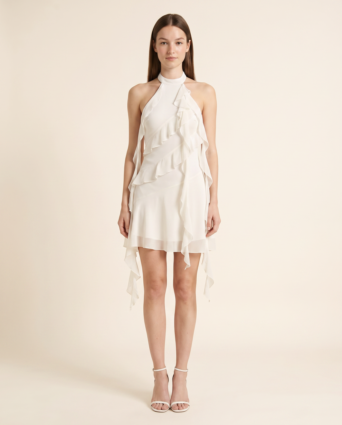 Kovelle white chiffon halter mini dress, front studio view on model