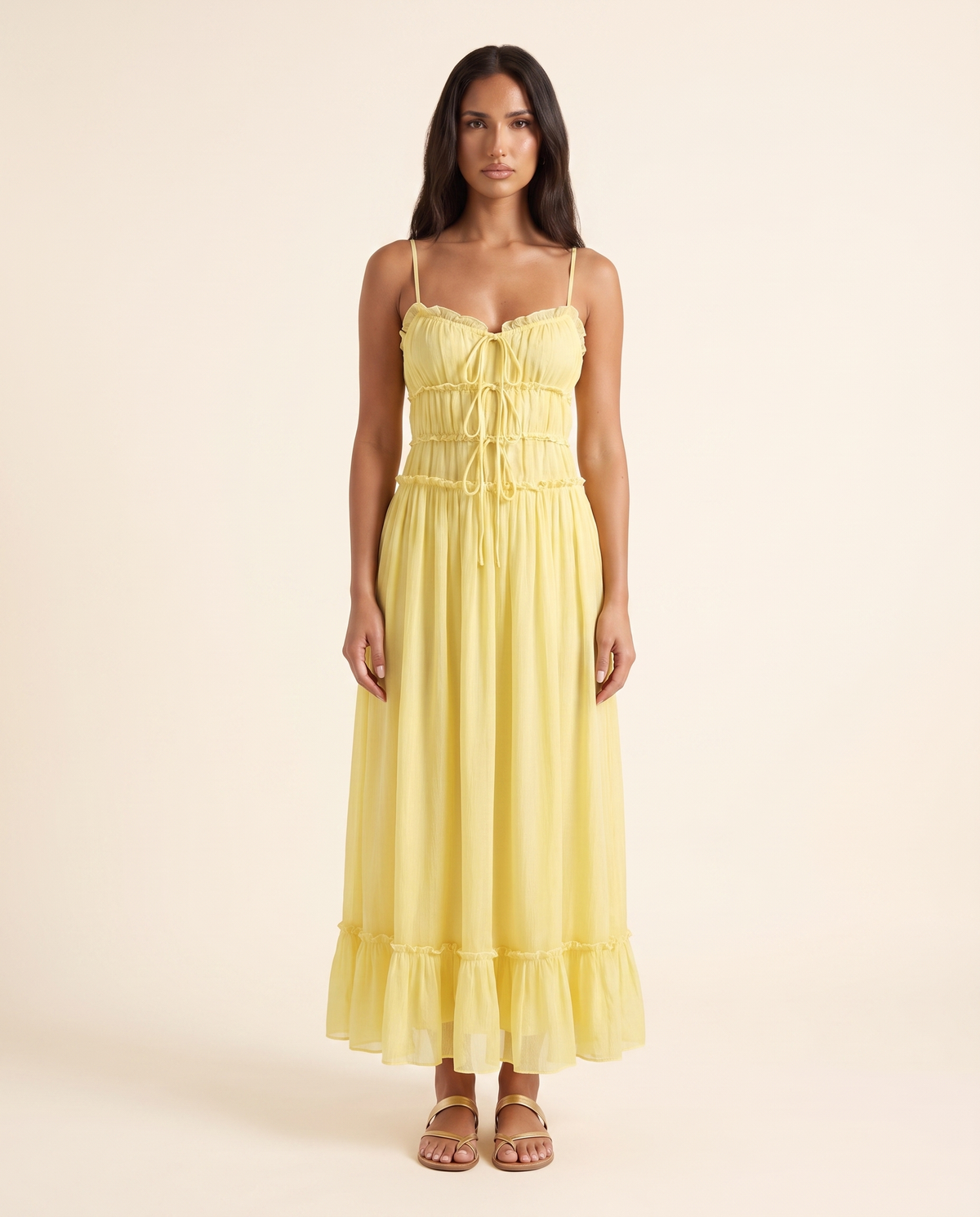 Kovelle yellow tiered maxi dress with tie front bodice, front studio view on model