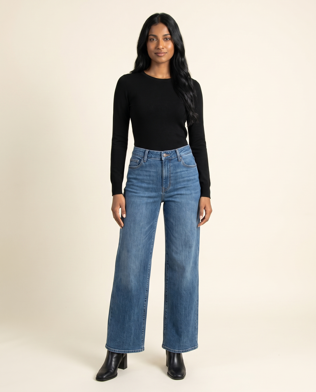 Kovelle mid rise wide leg jeans, front studio view on model