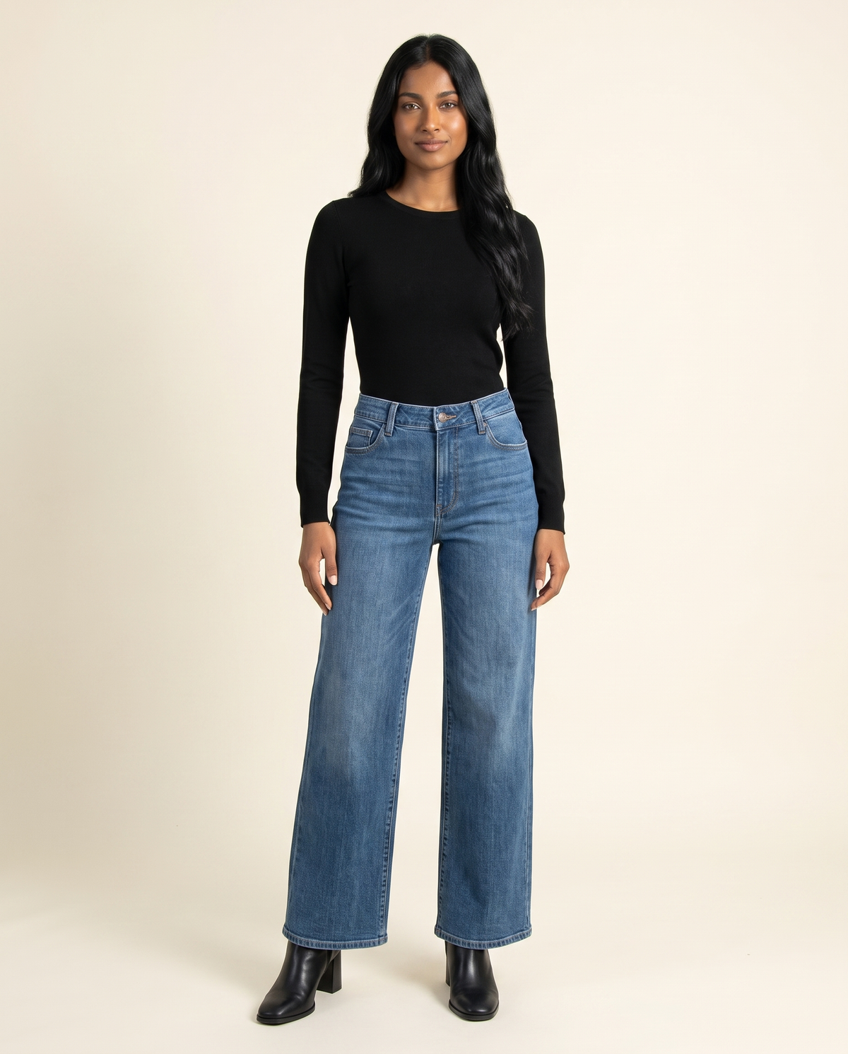Kovelle mid rise wide leg jeans, front studio view on model