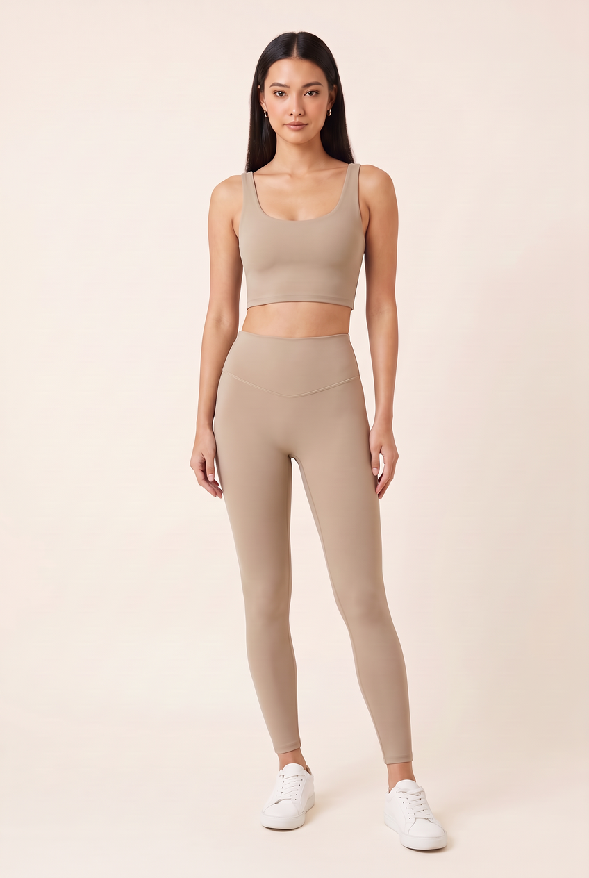Kovelle high waist sculpt legging in light khaki, front view on model