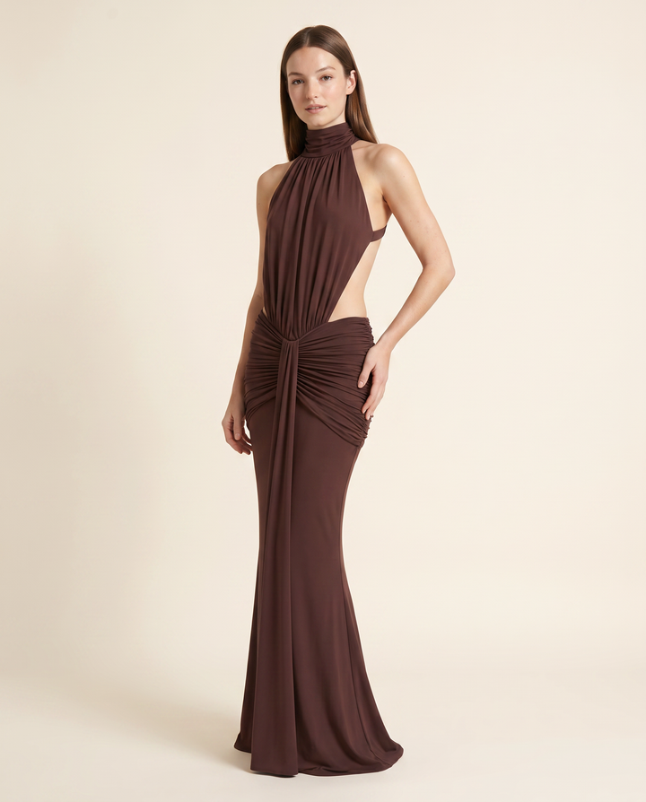 Kovelle brown ruched halter gown three quarter view, on model
