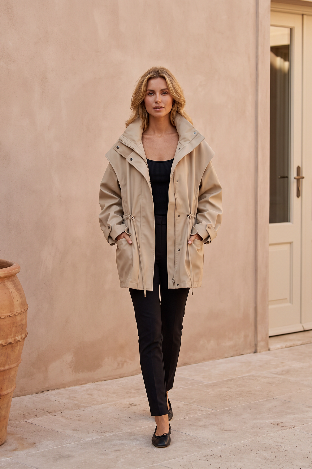 Beige Stand Collar Windbreaker Jacket