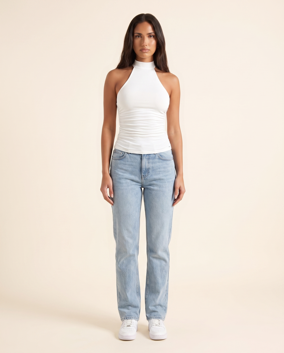 Kovelle white halter tank top, front studio view on model