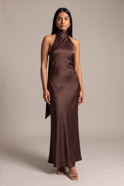 Chocolate Satin Scarf Halter Maxi Dress