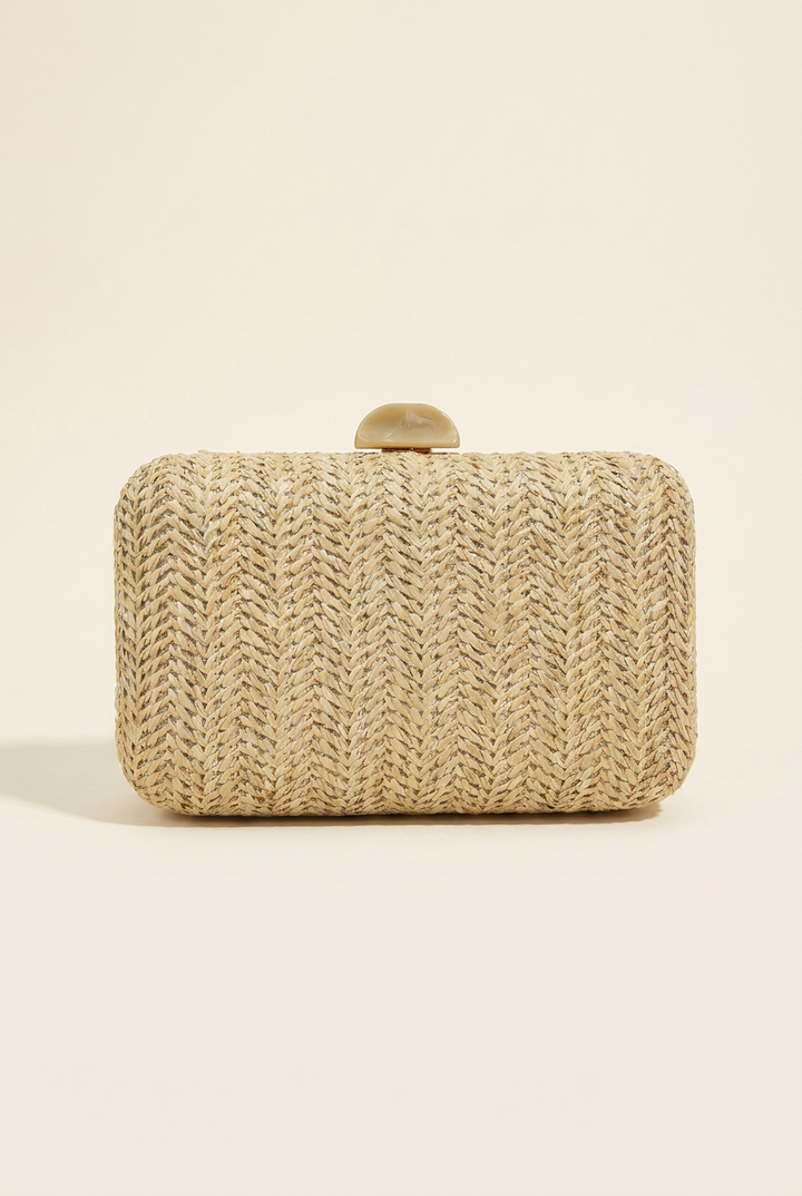 Natural woven straw box clutch, side