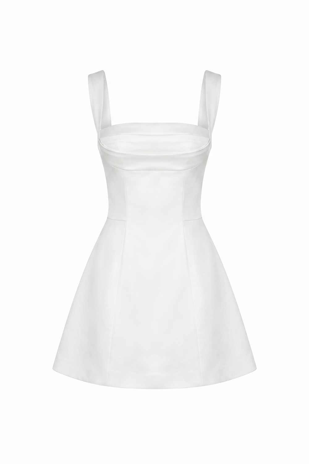 White satin corset mini dress on a plain white background