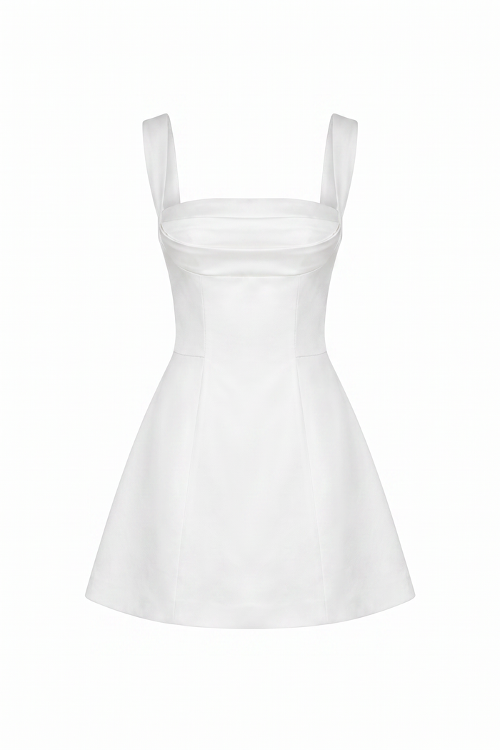 White satin corset mini dress on a plain white background