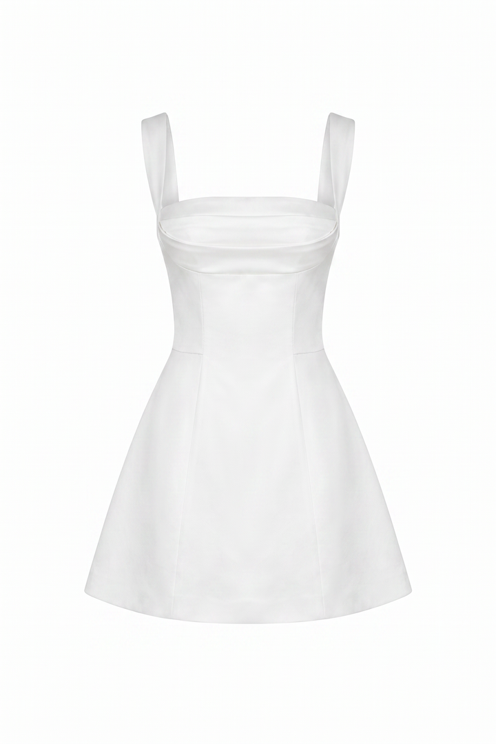 White satin corset mini dress on a plain white background