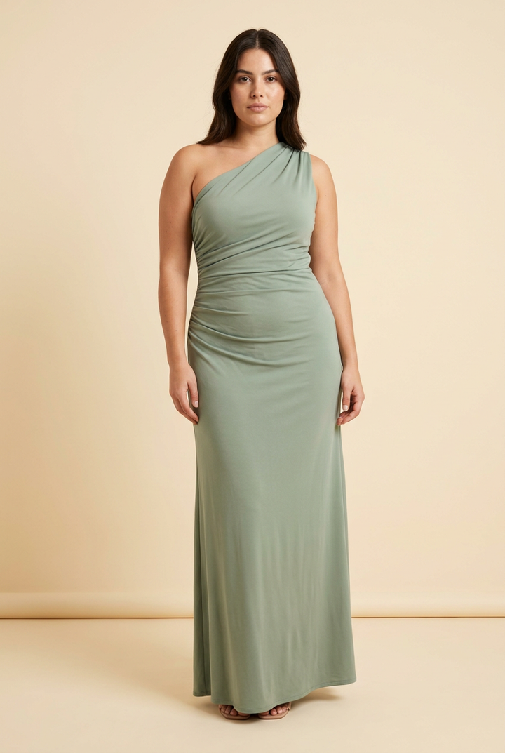 Kovelle one-shoulder draped satin maxi dress in sage, front, on model