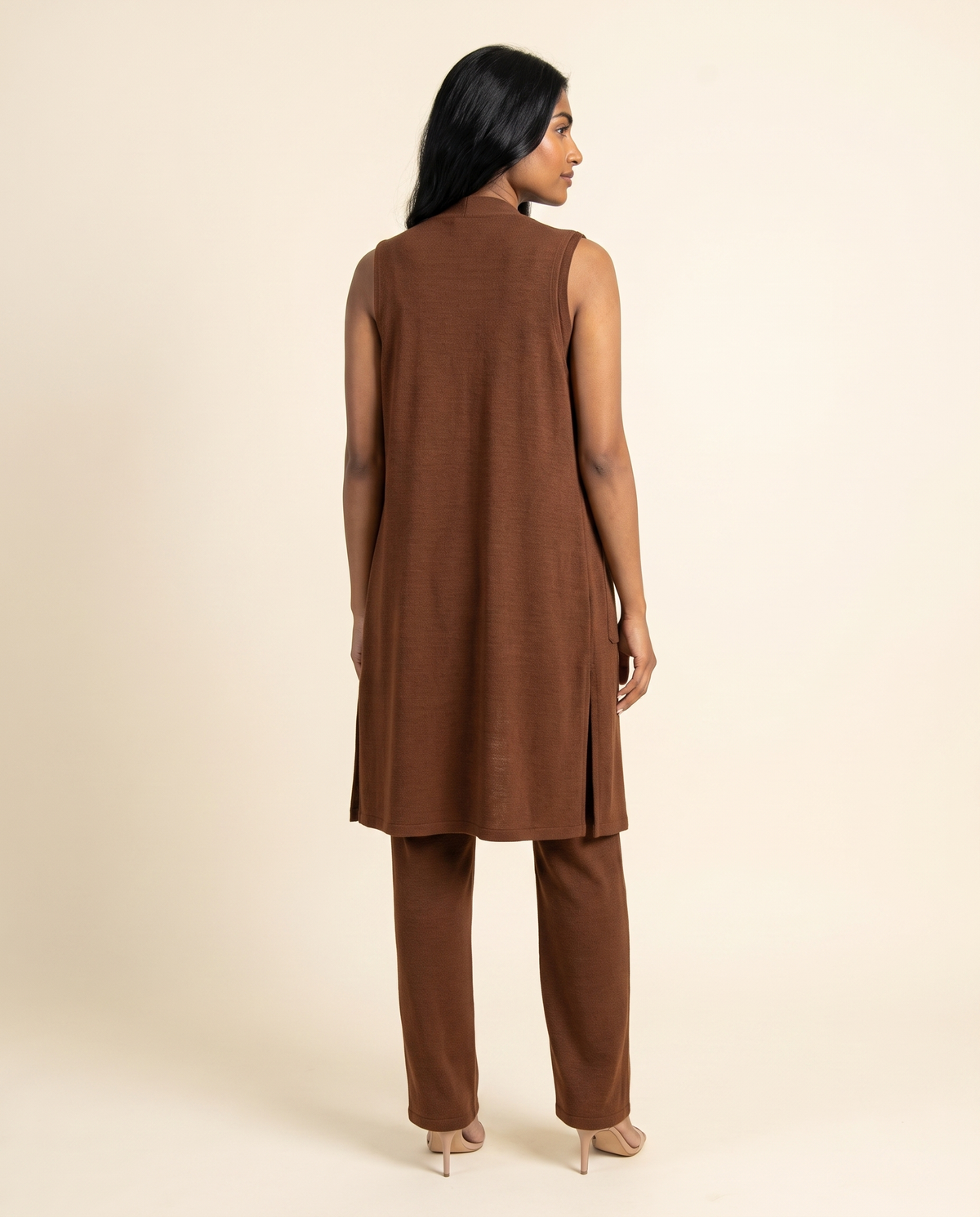 Kovelle chocolate three piece set back view, on model