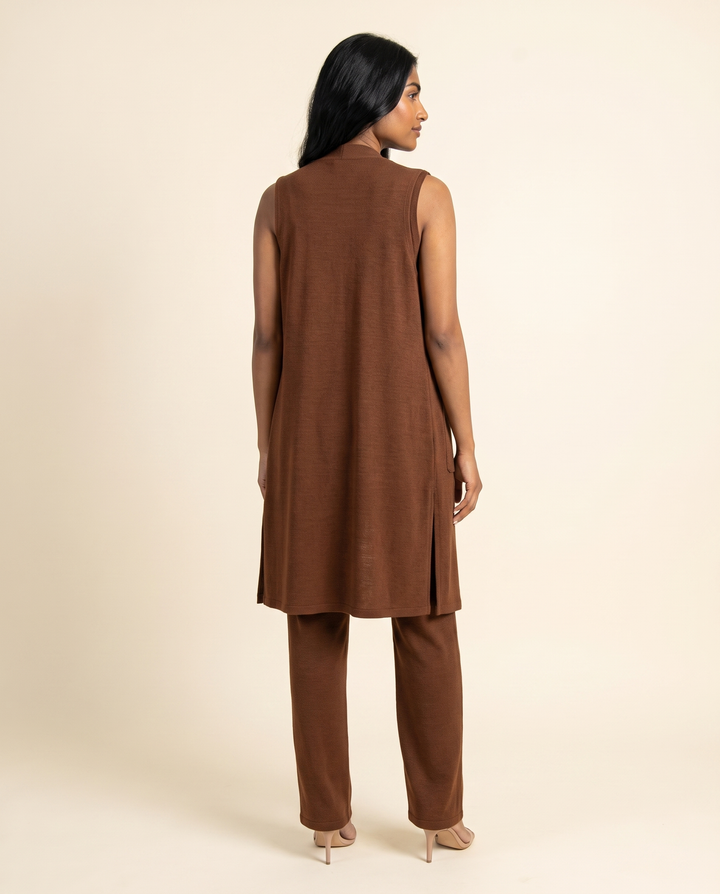 Kovelle chocolate three piece set back view, on model